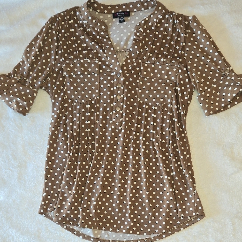 Papaya SP Pleated Blouse Brown PolkaDots Cuffed 3/4 Sleeves Mandarin Collar Y2K - Picture 3 of 8